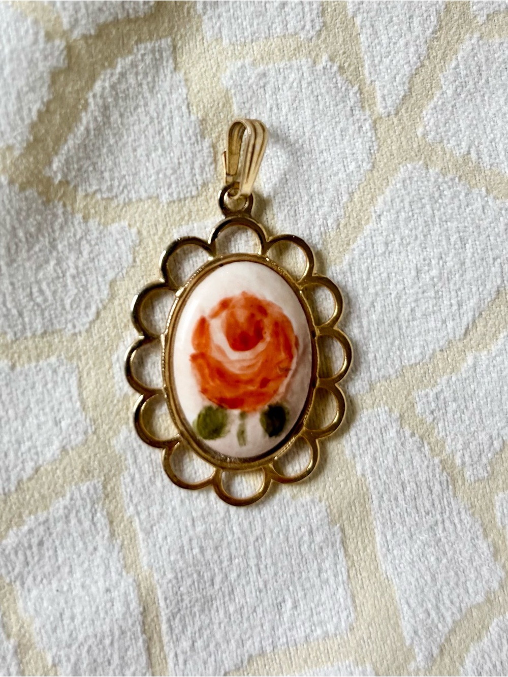 Hand-Painted Orange Rose Pendant in Gold Scalloped Frame